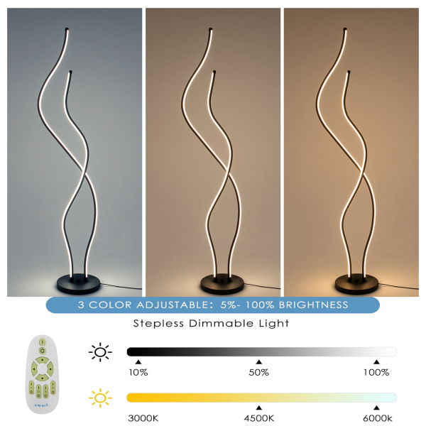 51,18 Zoll Stehlampe mit Fernbedienung Spirallampe Rostfreie und langlebige LED-Stehlampe für Wohnzimmer Restaurants Schwarz