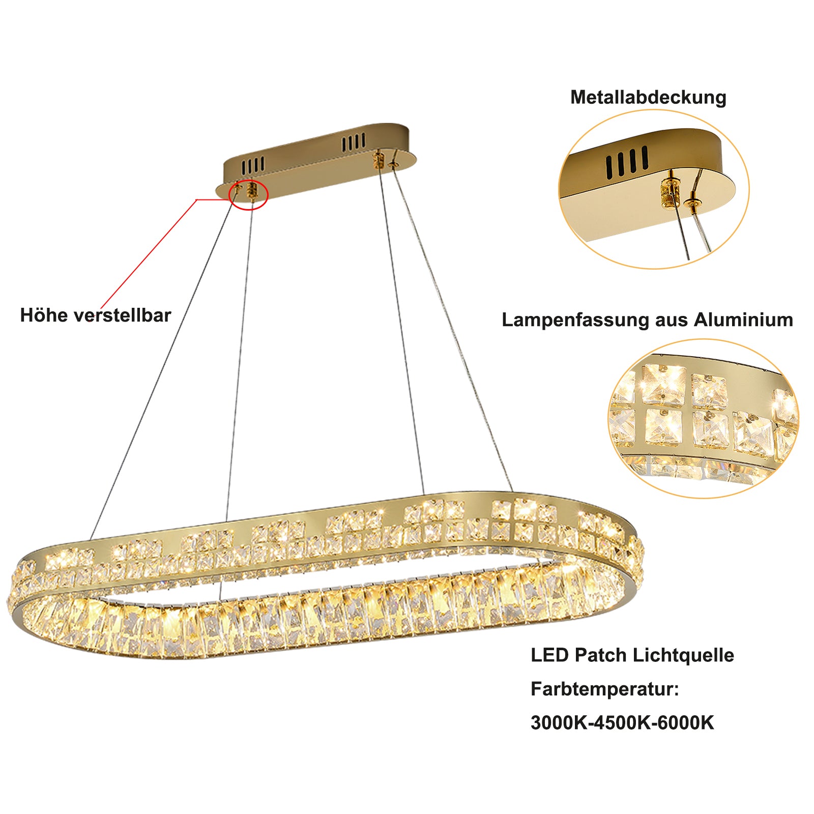 Moderne Kristallkronleuchter Kristall Kronleuchter Oval Hängeleuchte LED Luxus Gold Deckenlampe 220V [Energieklasse E]