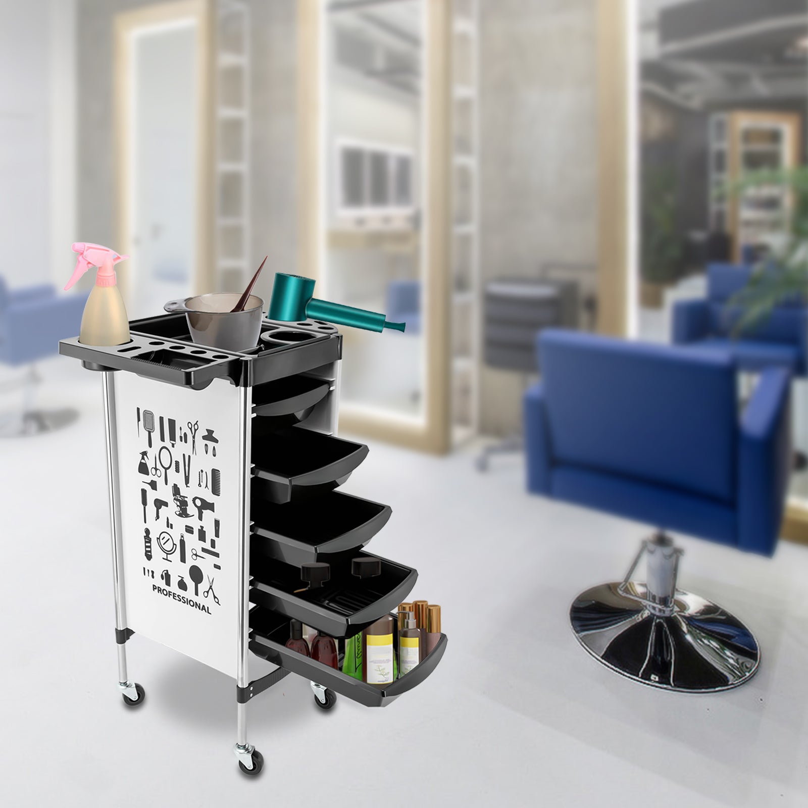 Friseurwagen Bedienungswagen Salonhilfe mit 5 Schubladen Cart Rollwagen Organizer Wagen