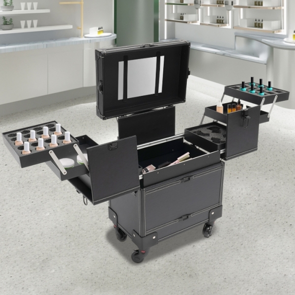 Professioneller Make-up-Trolley, Tattoo- und Nailart-Werkzeugkasten, rechtwinklig, schwarz