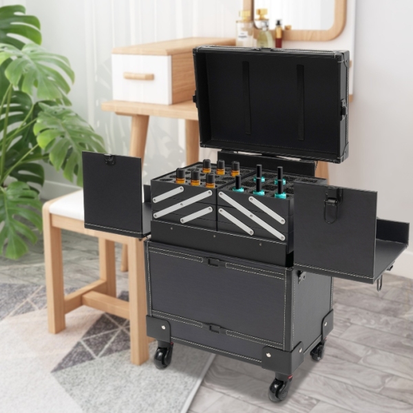 Professioneller Make-up-Trolley, Tattoo- und Nailart-Werkzeugkasten, rechtwinklig, schwarz