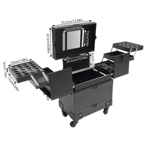 Professioneller Make-up-Trolley, Tattoo- und Nailart-Werkzeugkasten, rechtwinklig, schwarz