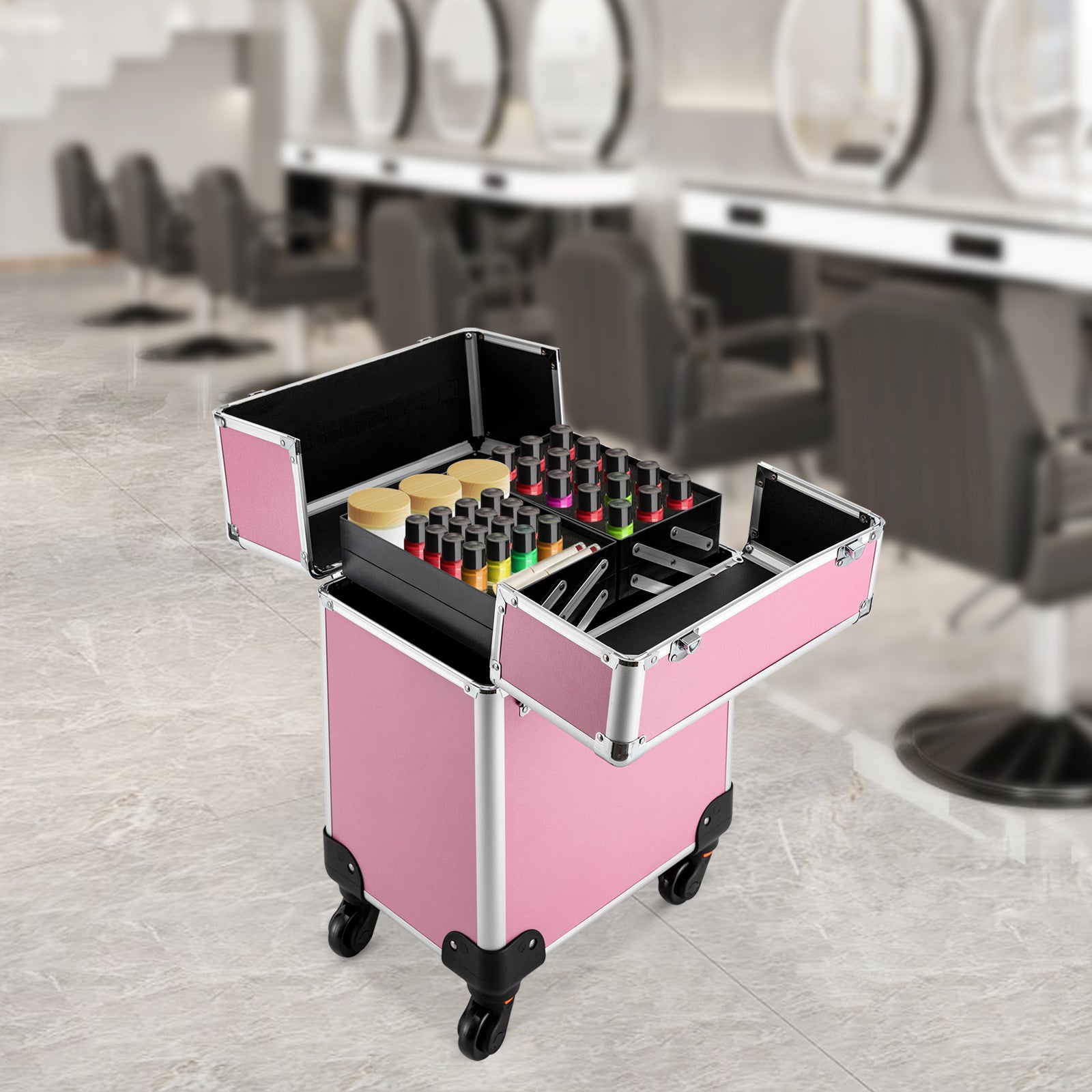 Make-up Koffer, Kosmetikkoffer Trolley, mit 4 Universalrollen, mit 4 ausziehbaren Fächern, (Rosa)
