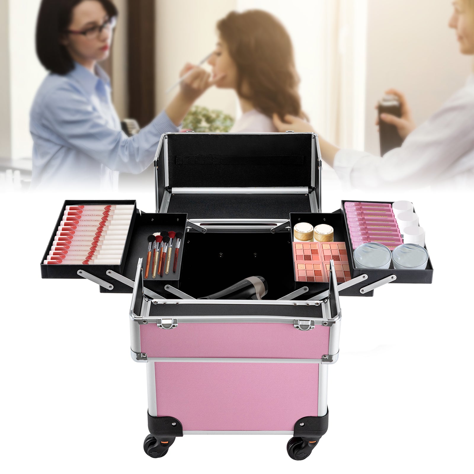 Make-up Koffer, Kosmetikkoffer Trolley, mit 4 Universalrollen, mit 4 ausziehbaren Fächern, (Rosa)