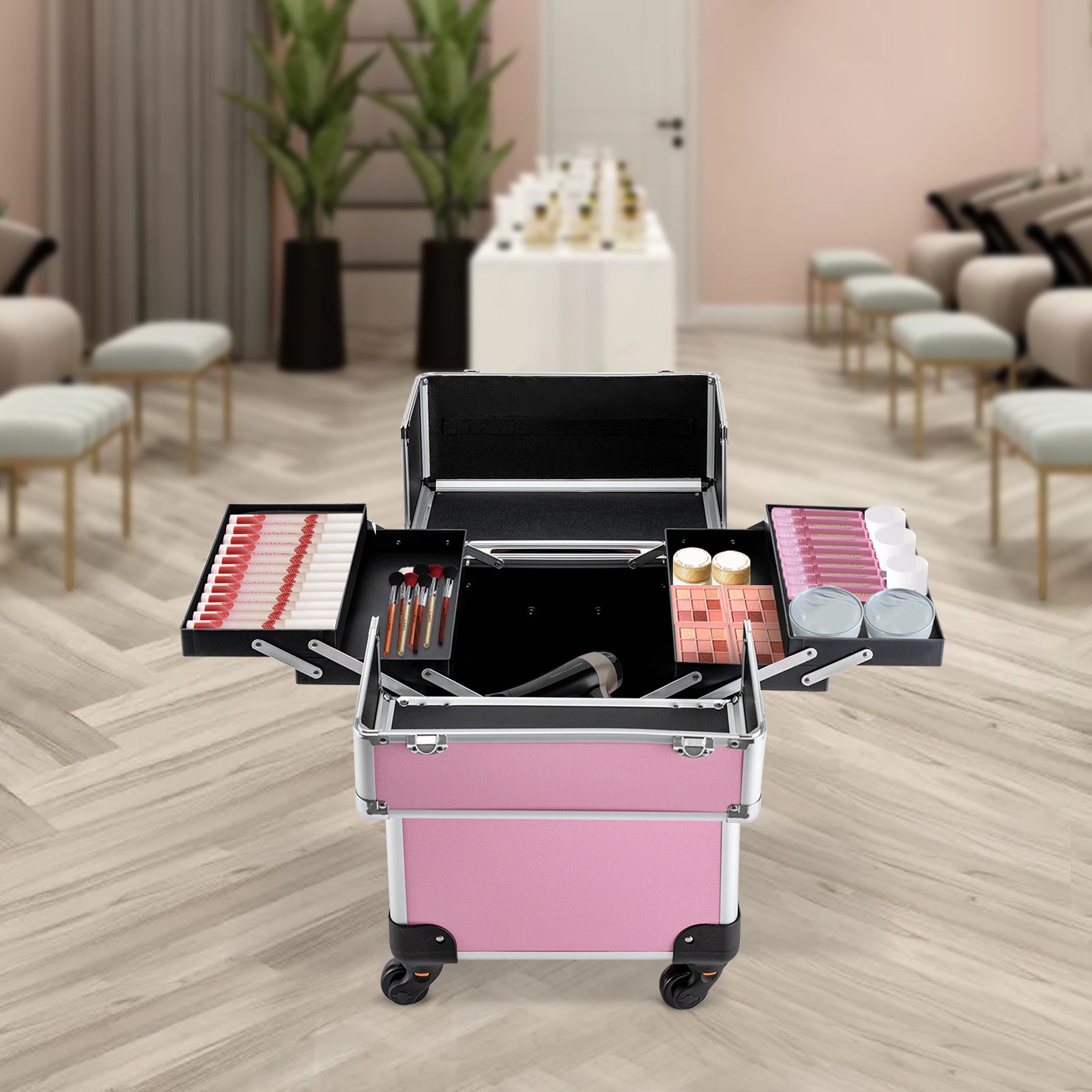 Make-up Koffer, Kosmetikkoffer Trolley, mit 4 Universalrollen, mit 4 ausziehbaren Fächern, (Rosa)
