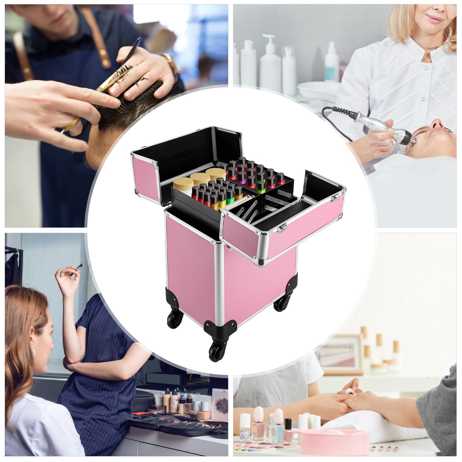 Make-up Koffer, Kosmetikkoffer Trolley, mit 4 Universalrollen, mit 4 ausziehbaren Fächern, (Rosa)