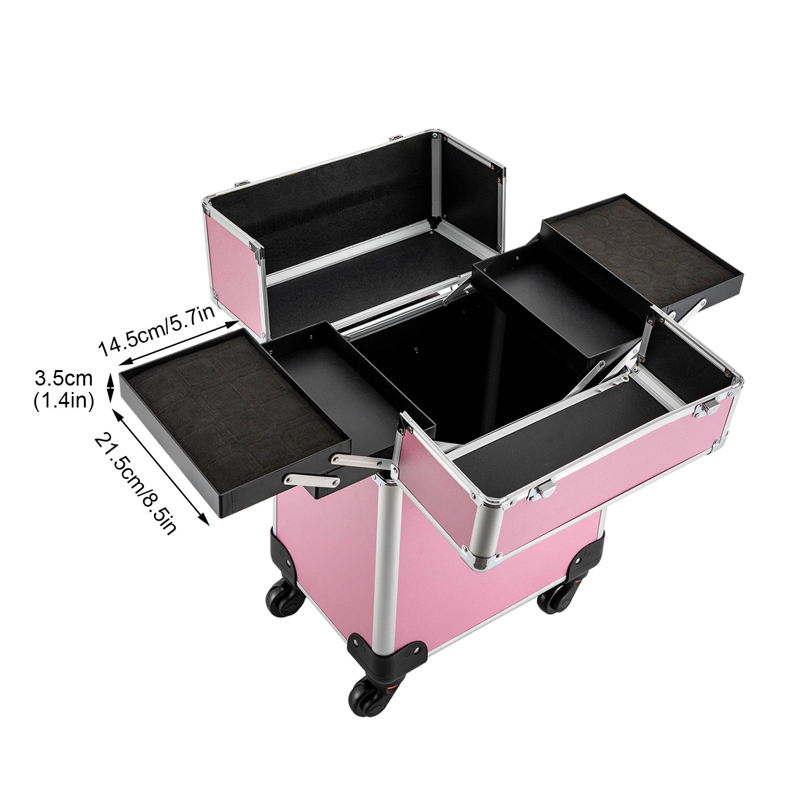 Make-up Koffer, Kosmetikkoffer Trolley, mit 4 Universalrollen, mit 4 ausziehbaren Fächern, (Rosa)