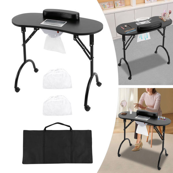 Maniküre Tisch mit Saug, Faltbarer Nageltisch, Tragbarer Maniküre Tisch mit Staubsaugerbeutel, Handgelenk-Pad und Wasserdichte Tragetasche (Schwarz)