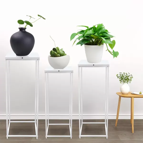 3PC Blumenständer Metallständer für Zimmerpflanzen Pflanzensäule Viereckig Dekosäul Weiß