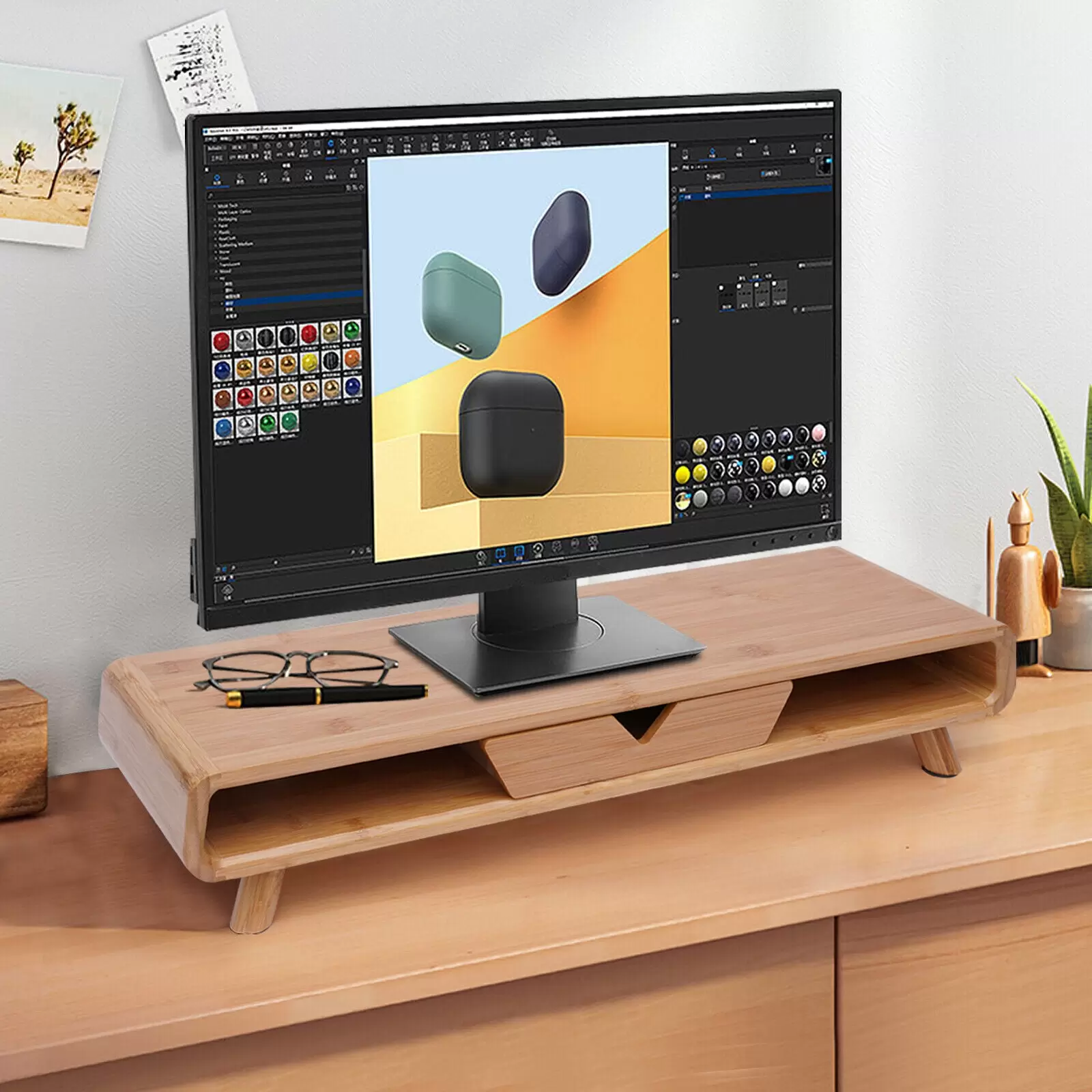 24" Bambus Monitorständer mit Schublade Tischhalterung Monitor Halterungen Tragfähigkeit bis 50kg Monitorerhöhung