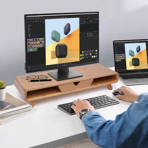 24" Bambus Monitorständer mit Schublade Tischhalterung Monitor Halterungen Tragfähigkeit bis 50kg Monitorerhöhung