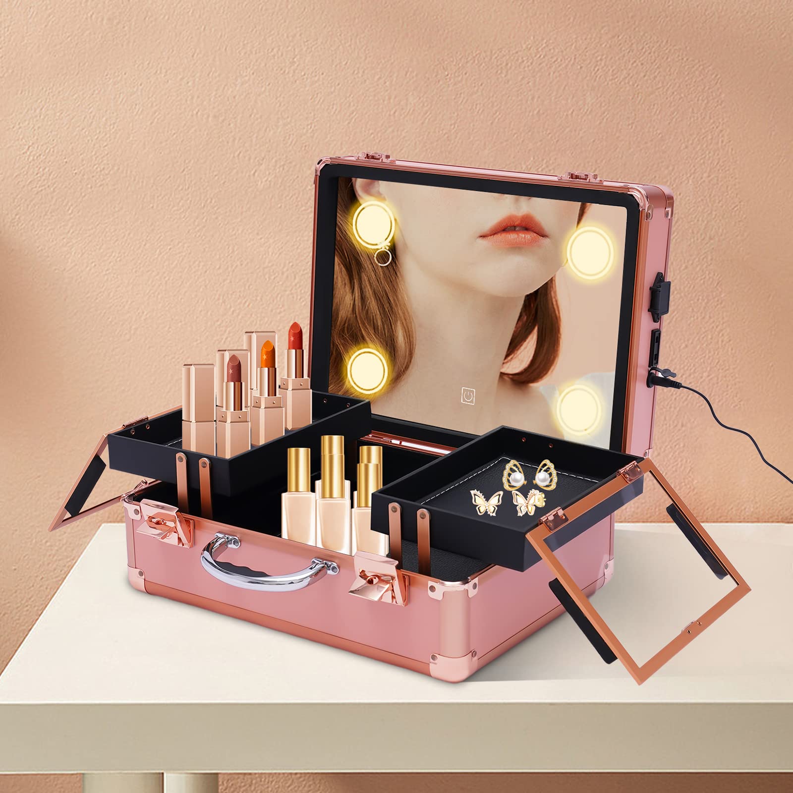 Kosmetikkoffer Make-up Koffer mit Spiegel für die Aufbewahrung von Kosmetika Wiederaufladbar