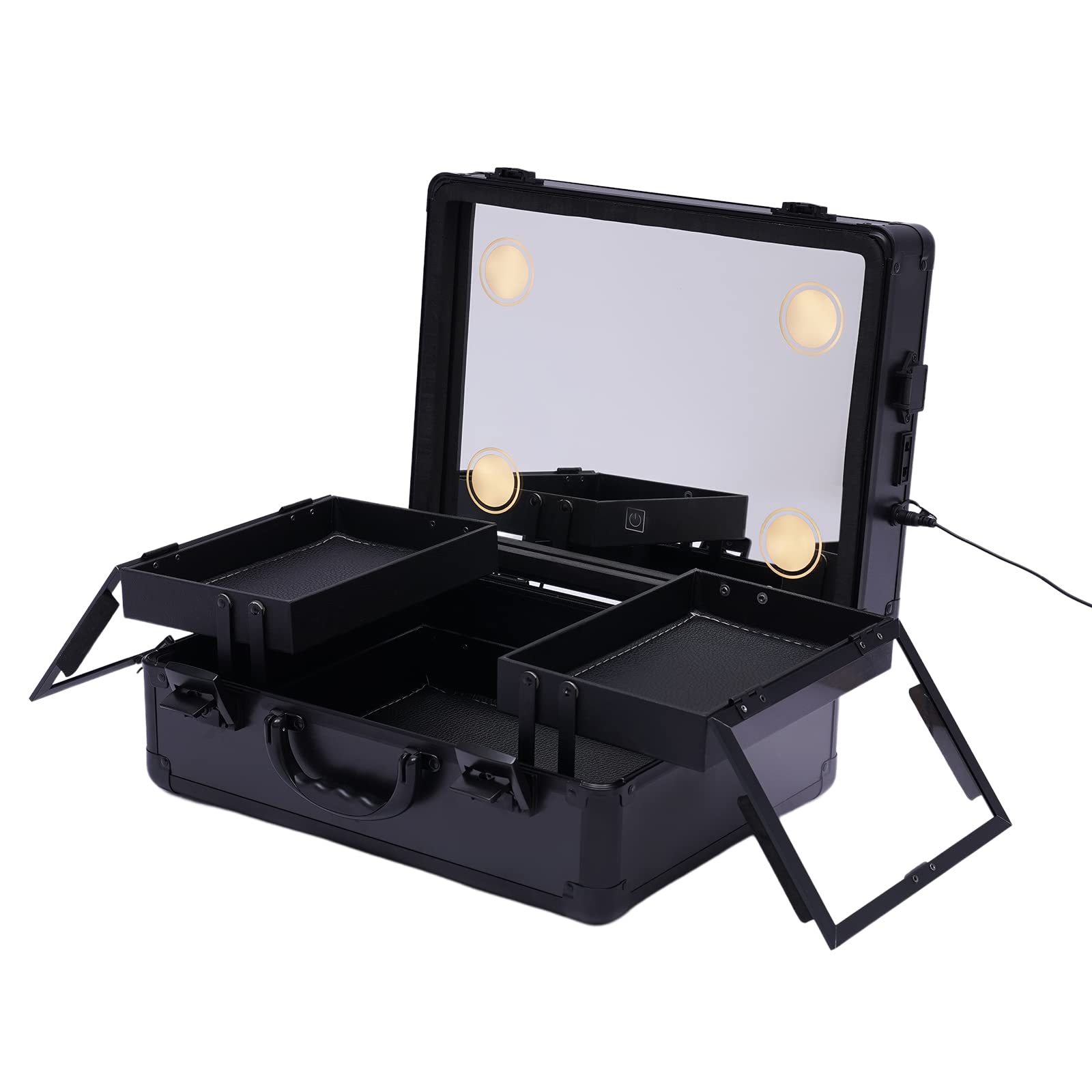 Kosmetikkoffer Make-up Koffer mit Spiegel für die Aufbewahrung von Kosmetika Wiederaufladbar (Schwarz)