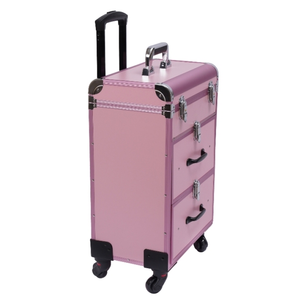 Kosmetikkoffer mit Trolley und 4 Rollen, 2 Schubladen, faltbar, reisetauglich, Makeup Artist, Pink