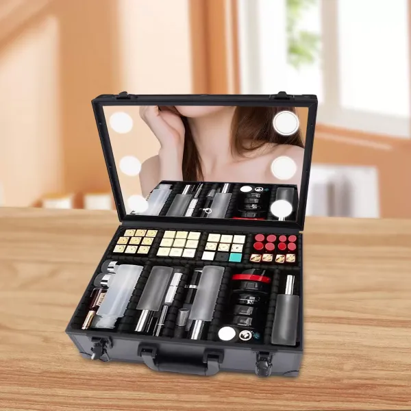 Schminkkoffer Mit Spiegel und Lichtern Cosmetic Organizer Box Kosmetiktasche Make-up Tragekoffer