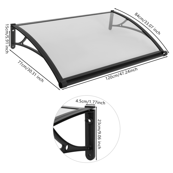 84 × 120 cm Regenschutzbogen für Haustüren, Regenschutzbogen für den Außenbereich – Schwarze Halterung + transparenter Schutzbogen