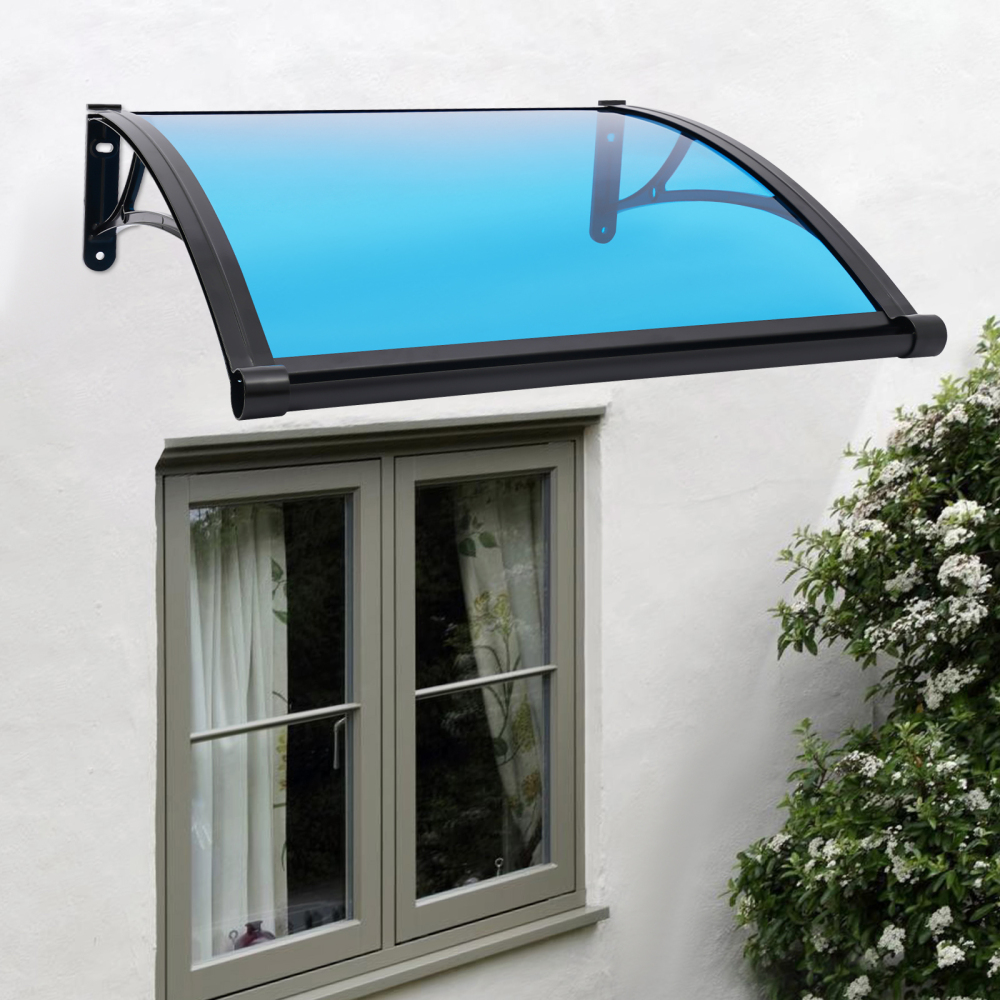 80×80 cm Fenster-/Türmarkise, Außenfenstermarkise, große Spülbecken-Fenstermarkise – Schwarze Halterung + seeblaues Schuppendach