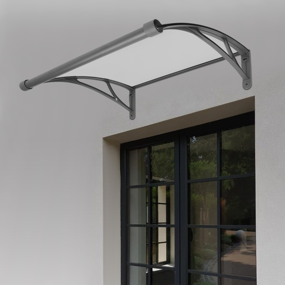 80×80 cm Fenster-/Türmarkise, Außenfenstermarkise, große Spülbecken-/Fenstermarkise – graue Halterung + transparenter Schutzdach