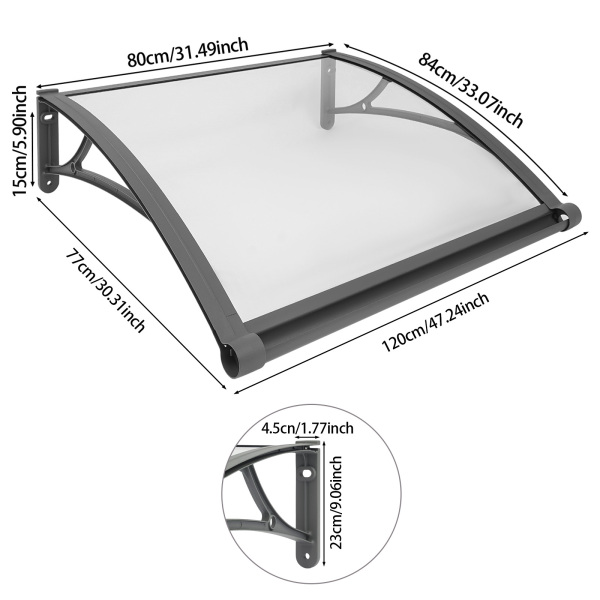 80×80 cm Fenster-/Türmarkise, Außenfenstermarkise, große Spülbecken-/Fenstermarkise – graue Halterung + transparenter Schutzdach