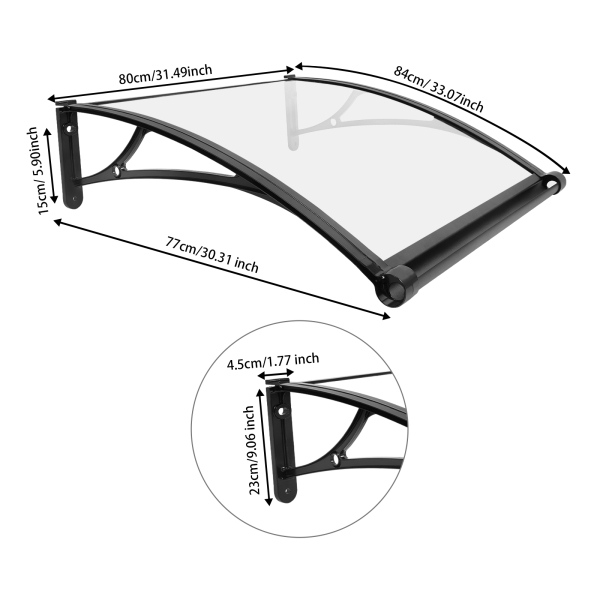 80×80 cm Fenster-/Türmarkise, Außenfenstermarkise, große Spülbecken-Fenstermarkise – schwarze Halterung + transparenter Schutzdach