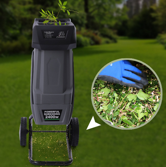 Elektrischer Holzhäcksler, 2400W Walzenhäcksler, doppelschneidiges Schneidmesser, 50 Liter Auffangsack, Laubmulcher für Rasen/Garten
