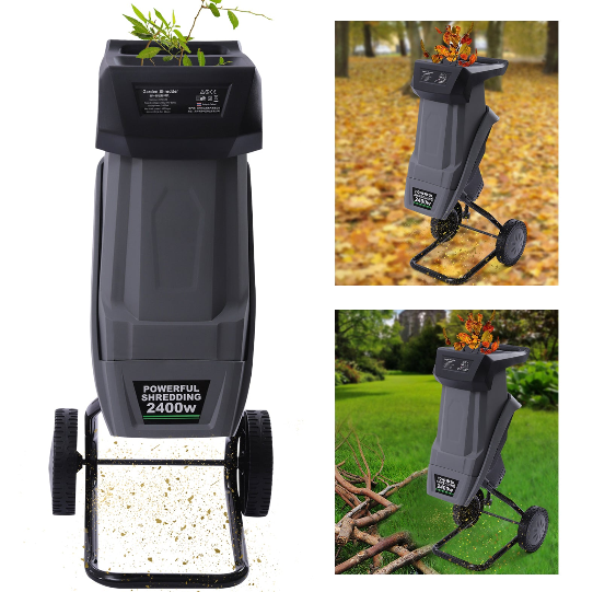 Elektrischer Holzhäcksler, 2400W Walzenhäcksler, doppelschneidiges Schneidmesser, 50 Liter Auffangsack, Laubmulcher für Rasen/Garten