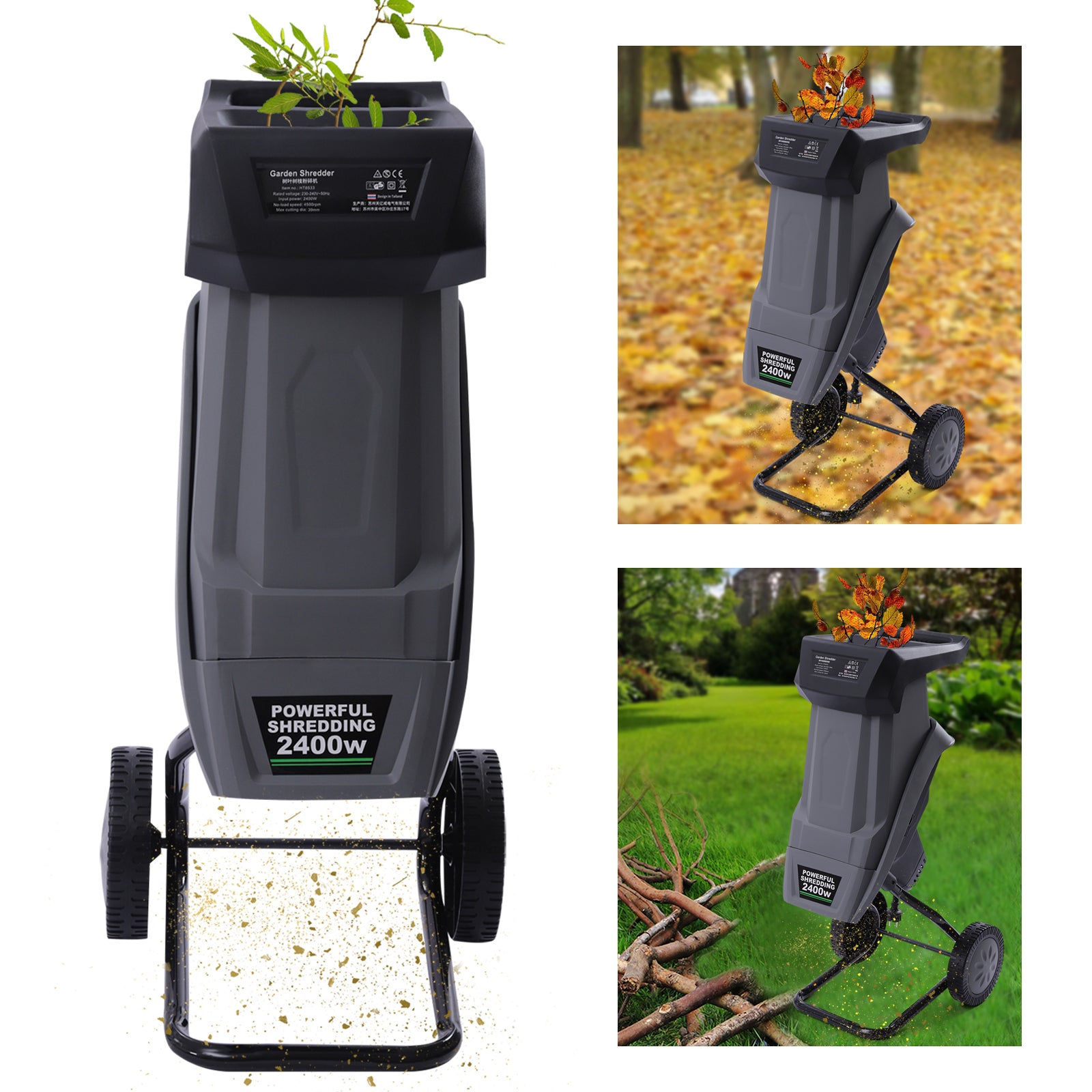 Elektrischer Holzhäcksler, 2400W Walzenhäcksler, doppelschneidiges Schneidmesser, 50 Liter Auffangsack, Laubmulcher für Rasen/Garten