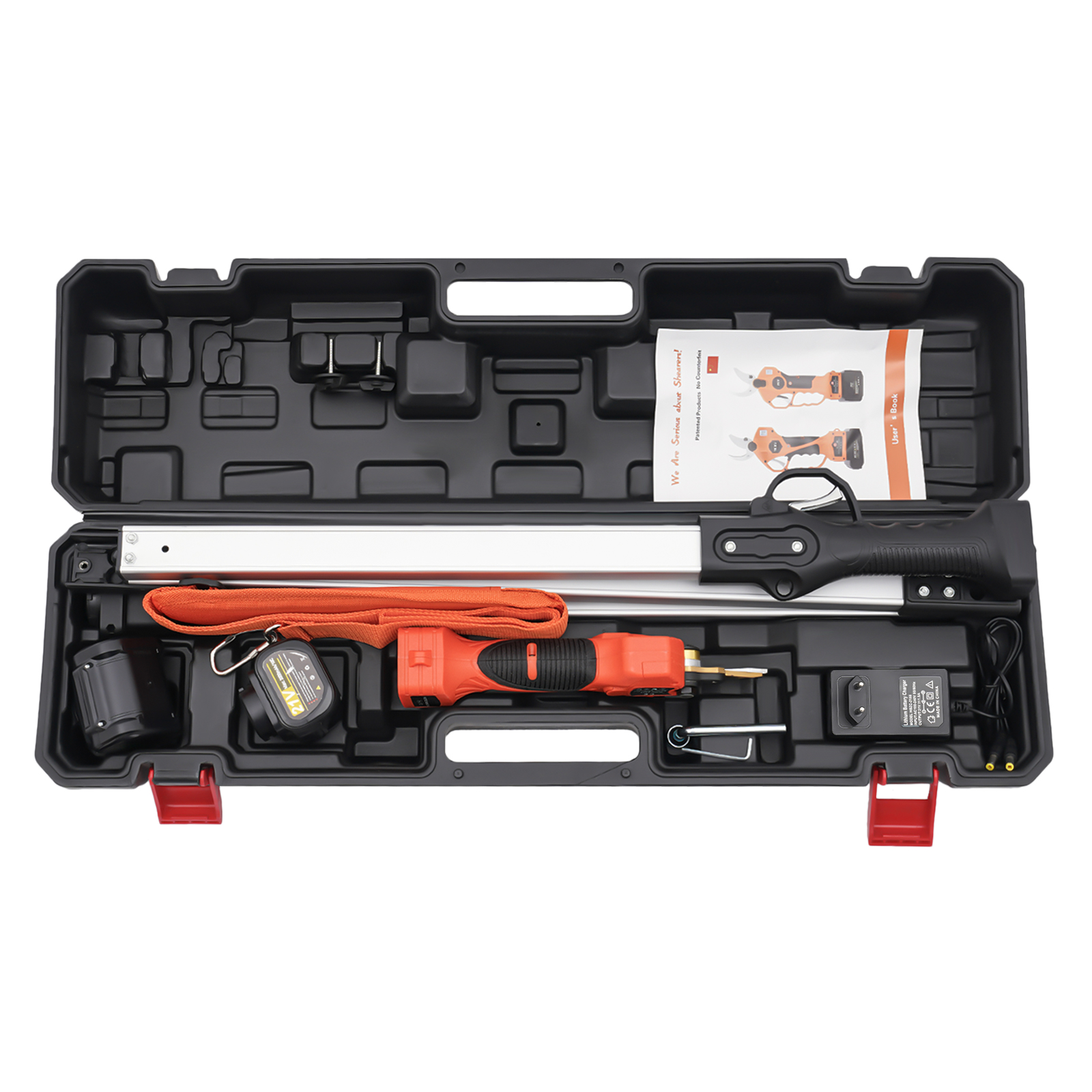 Akku-Schneideschere, Elektroschere mit High Reach Extension Pole, Werkzeuggürtel, 2-Pack 21V Lithium Batterie