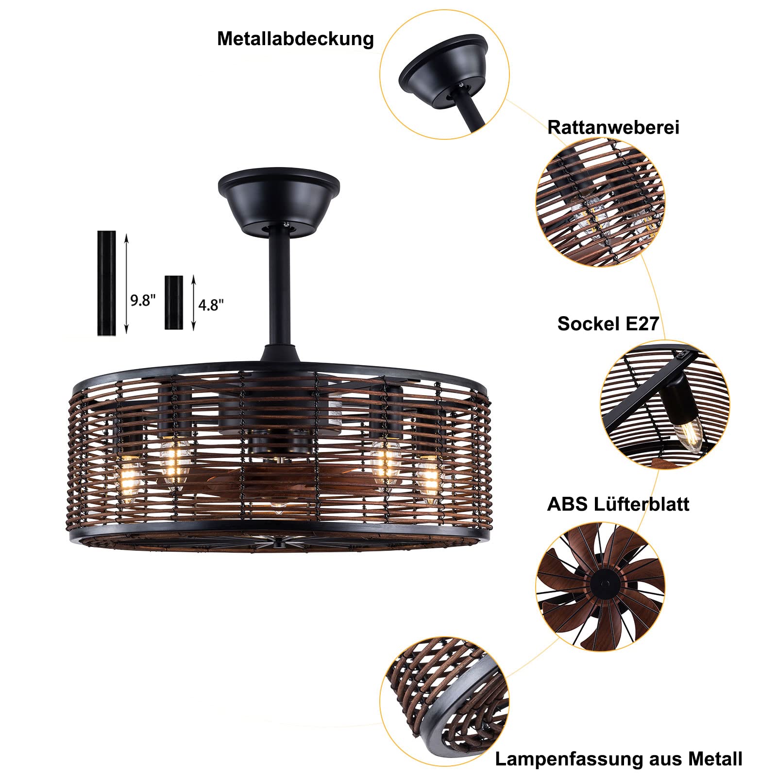 Deckenventilator Mit Beleuchtung E27 Leuchtmittel Retro-Ventilator Mit Fernbedienung