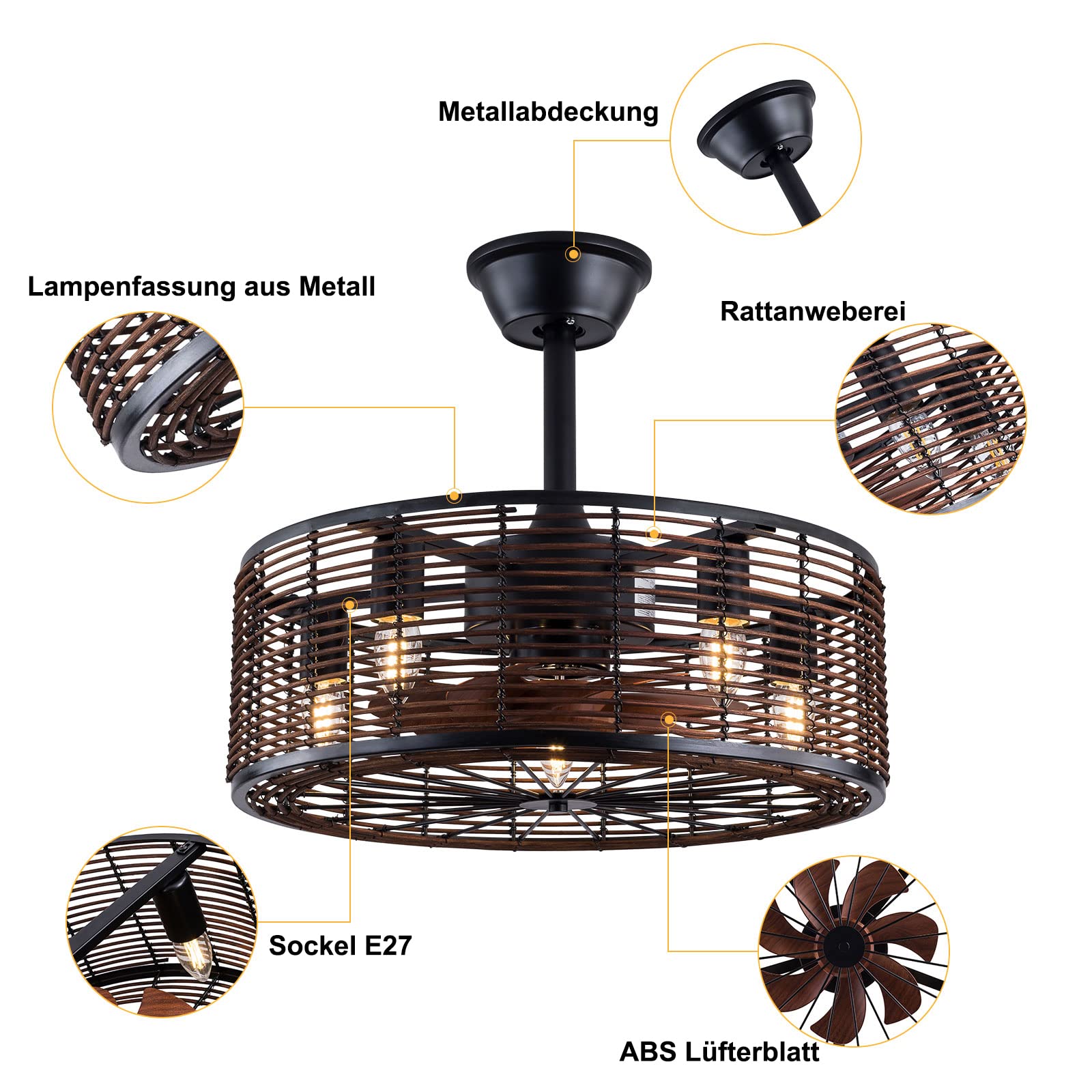 Deckenventilator Mit Beleuchtung E27 Leuchtmittel Retro-Ventilator Mit Fernbedienung
